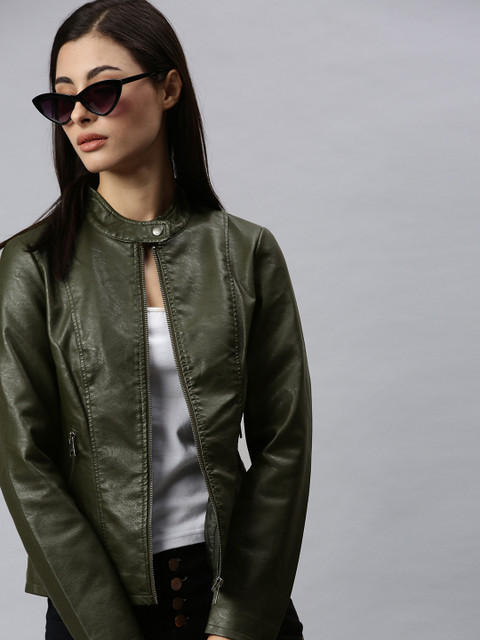 

ONLY Women Olive Green Solid Biker Jacket