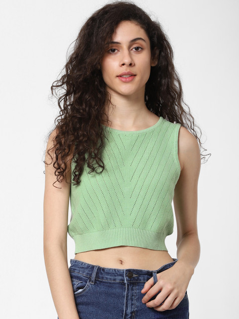 

ONLY Women Sea Green Self Design Crop Pure Cotton Top