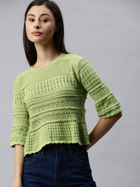 

ONLY Women Green Self Design Pure Cotton Top