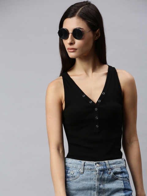 

ONLY Women Black Solid Fitted Pure Cotton Top