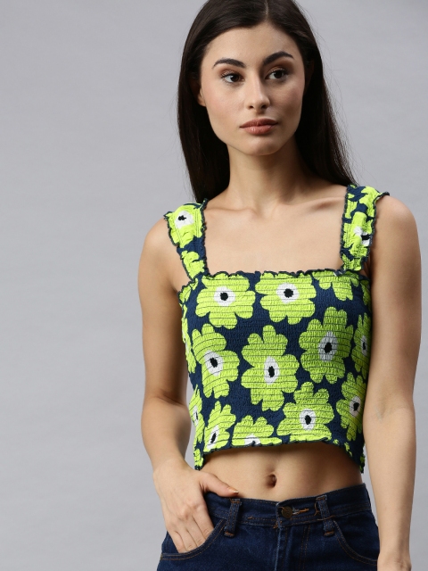 

ONLY Women Navy Blue & Green Floral Printed Smocked Fitted Crop Top