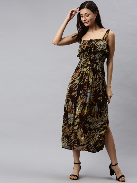 

ONLY Women Brown & Yellow Printed Layered Smocked A-Line Dress