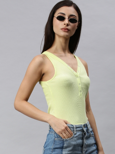 

ONLY Women Fluorescent Green Solid Pure Cotton Top