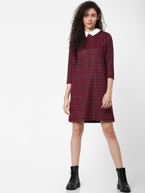 

ONLY Women Red And Navy Blue Checked Shirt Dress