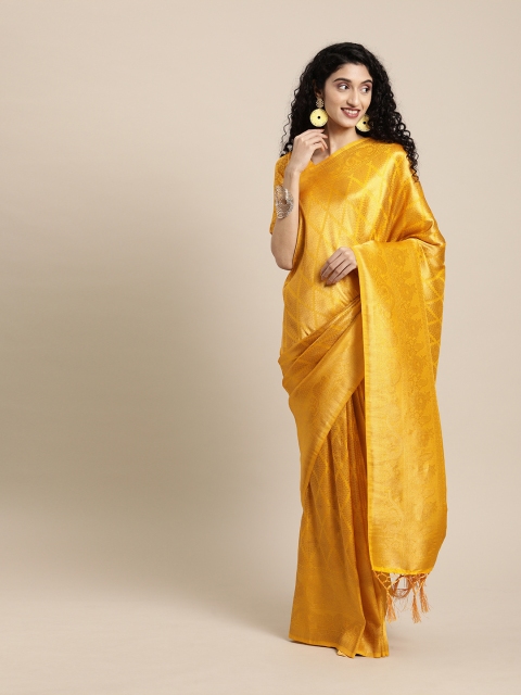 

Inddus Mustard Yellow & Gold-Toned Silk Blend Woven Design Banarasi Saree