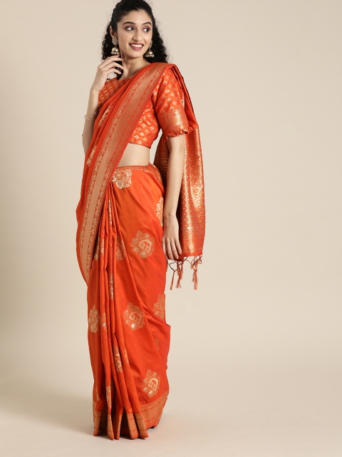 

Inddus Orange & Gold-Toned Silk Blend Woven Design Banarasi Saree