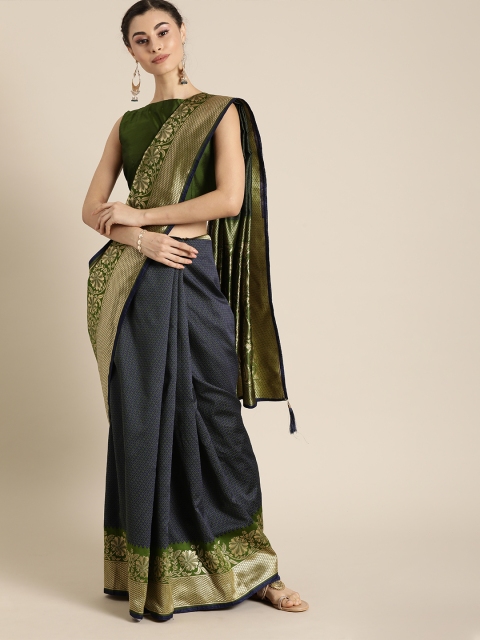 

Inddus Navy Blue & Green Silk Blend Woven Design Banarasi Saree