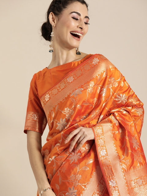

Inddus Orange & Silver-Coloured Silk Blend Woven Design Banarasi Saree