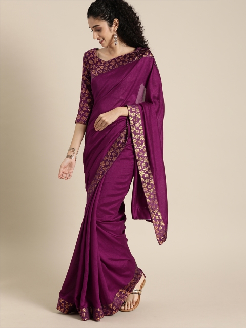 

Inddus Purple & Gold-Toned Silk Blend Solid Saree with Woven Design Border