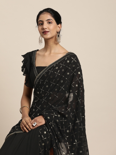 

Inddus Black & Silver-Toned Poly Georgette Embellished Saree