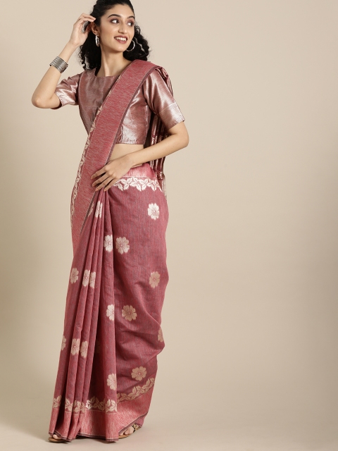 

Inddus Pink & Gold-Toned Cotton Blend Woven Design Banarasi Saree