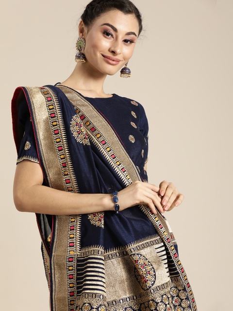 

Inddus Navy Blue & Golden Silk Blend Embroidered Saree