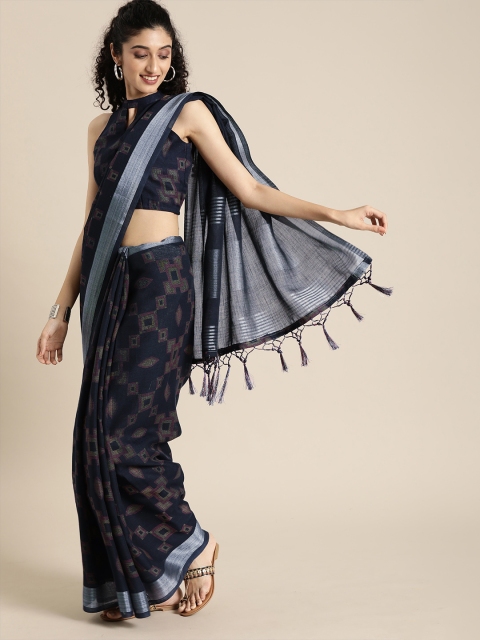

Inddus Navy Blue & Green Linen Blend Printed Saree