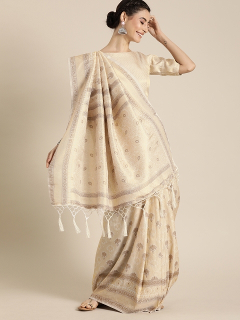 

Inddus Beige & Gold-Coloured Silk Blend Woven Design Banarasi Saree