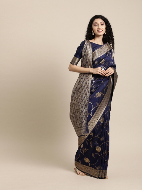 

Inddus Navy Blue & Gold-Toned Silk Blend Woven Design Banarasi Saree