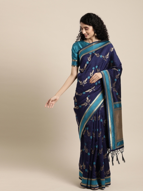 

Inddus Navy Blue & Blue Silk Blend Woven Design Banarasi Saree