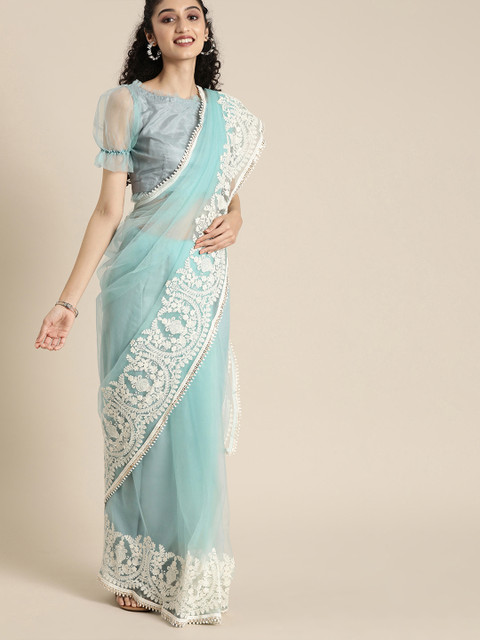 

Inddus Blue Solid Net Embroidered Saree