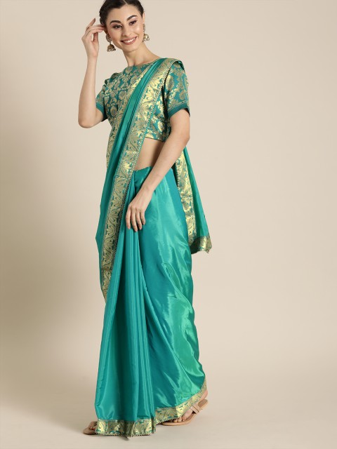 

Inddus Teal Green & Golden Polyester Solid Festive Saree