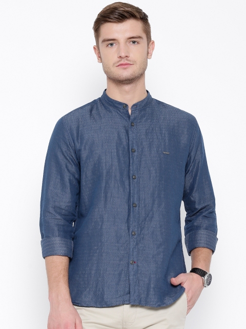 

V Dot by Van Heusen Blue Linen Chevron Slim Casual Shirt