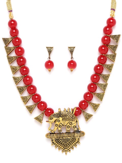 

Jewels Galaxy Women Antique Red Gold-Plated Beaded Textured Jewellery Set
