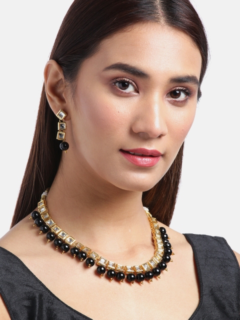 

Jewels Galaxy Black Gold-Plated Stone-Studded & Beaded Jewellery Set