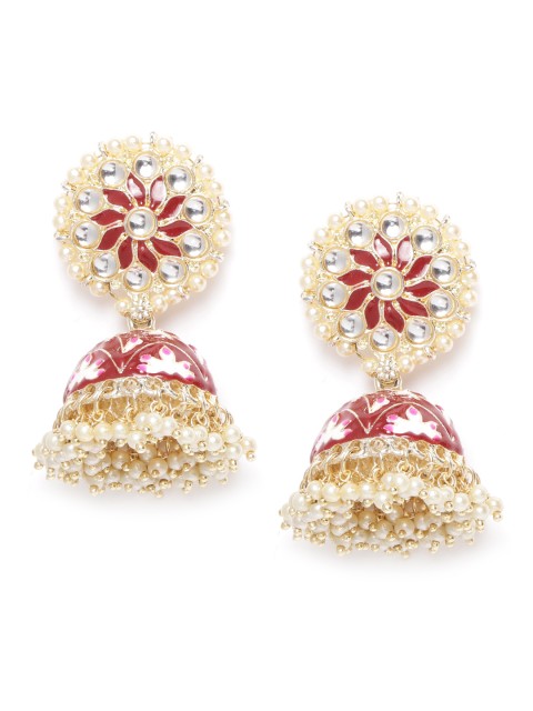 

Jewels Galaxy Maroon Gold-Plated Stone Studded & Beaded Enamelled Dome Shaped Jhumkas