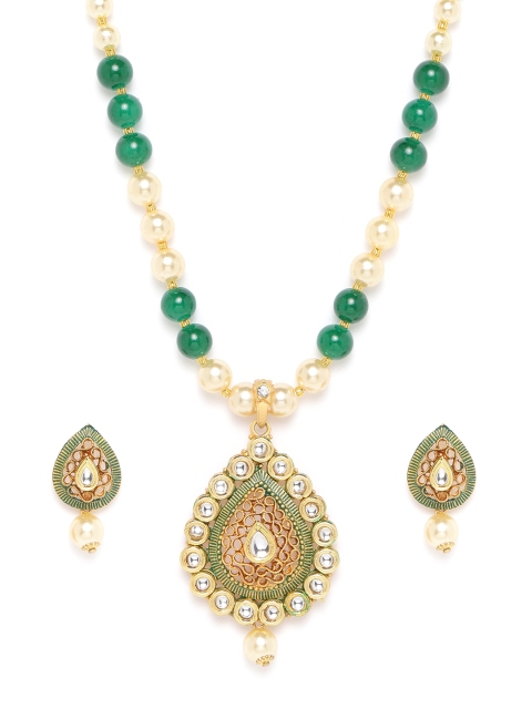 

Jewels Galaxy Women Green & Cream-Coloured Gold-Plated Studded & Beaded Jewellery Set