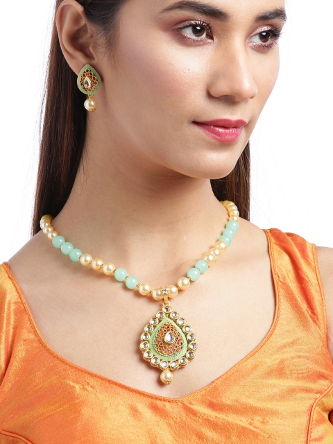 

Jewels Galaxy Sea Green & Off-White Gold-Plated Stone-Studded & Beaded Jewellery Set