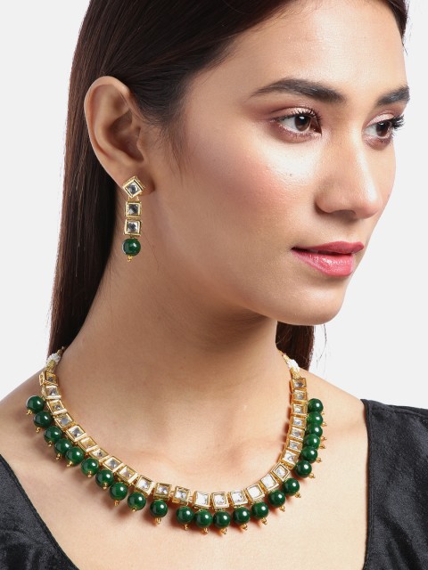 

Jewels Galaxy Green Gold-Plated Stone-Studded & Beaded Jewellery Set