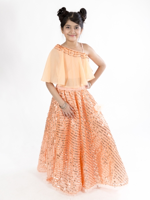 

pspeaches Peach-Coloured Embellished Ready to Wear Lehenga with One Shoulder Cape Blouse