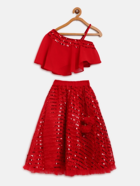 

pspeaches Red Embellished Ready to Wear Lehenga with One Shoulder Cape Blouse