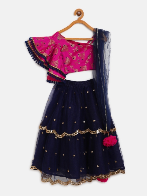 

pspeaches Girls Navy Blue & Pink Embellished Ready to Wear Lehenga & Blouse with Dupatta
