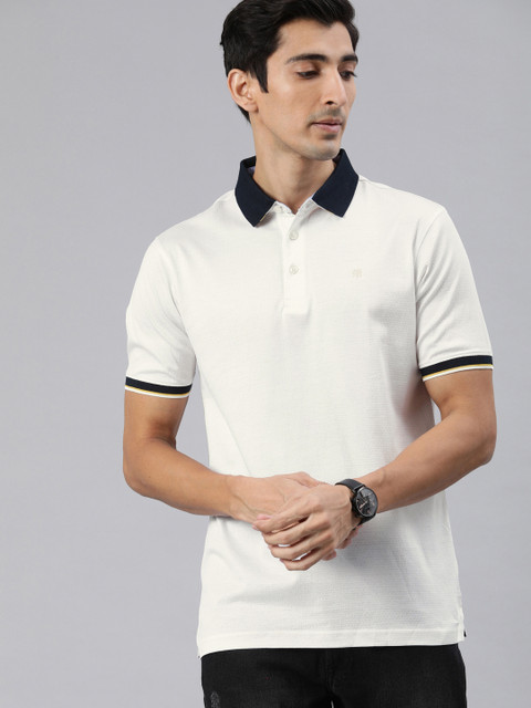 

Raymond Men White Self Design Polo Collar Pure Cotton T-shirt