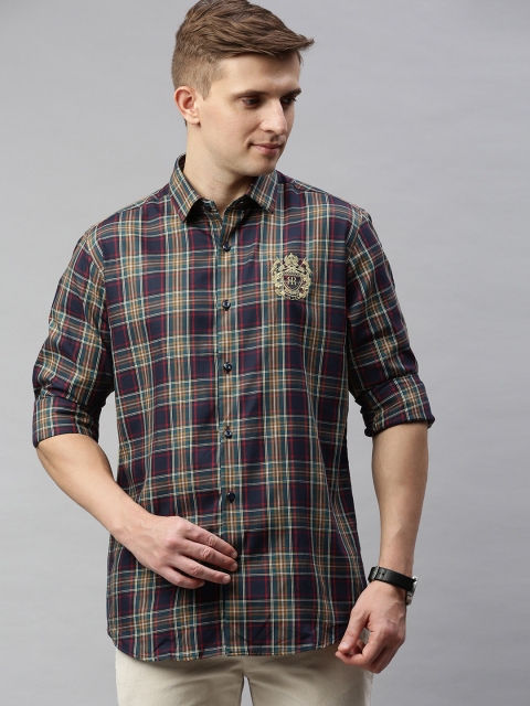 

Raymond Men Navy Blue & Khaki Slim Fit Checked Casual Shirt