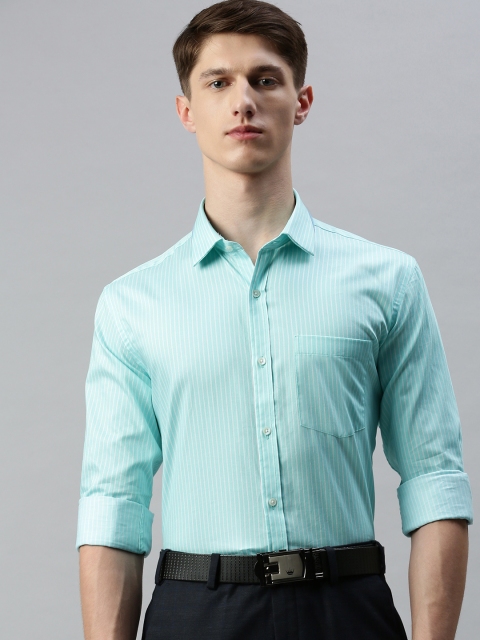 

Park Avenue Men Sea Green & White Slim Fit Striped Formal Shirt
