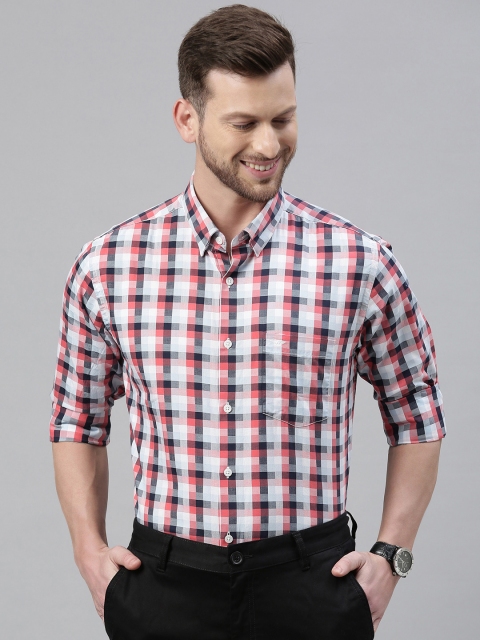 

Park Avenue Men Coral Red & White Checked Slim Fit Smart Casual Shirt