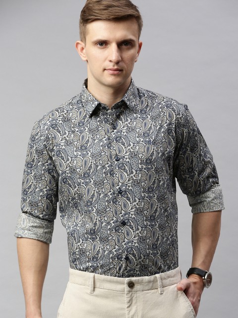 

Raymond Men Beige & Navy Blue Slim Fit Ethnic Printed Smart Casual Shirt