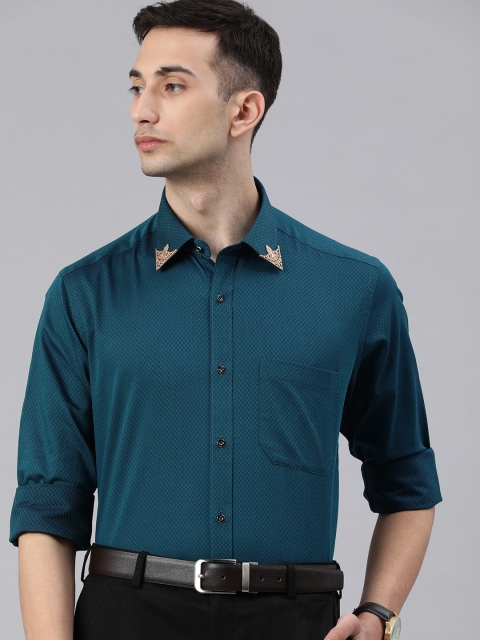 

Raymond Men Teal Blue Contemporary Fit Self Design Jewel Collar Party Shirt