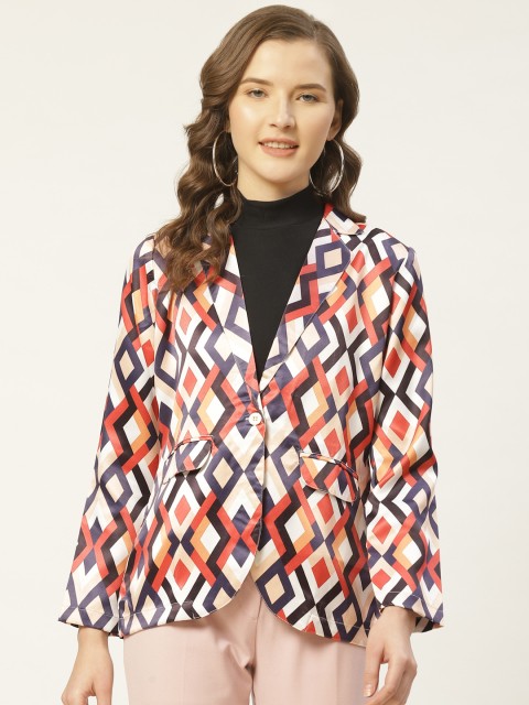 

JAINISH Women White Off-White & Rust Orange Print Single-Breasted Blazer With Satin Finish