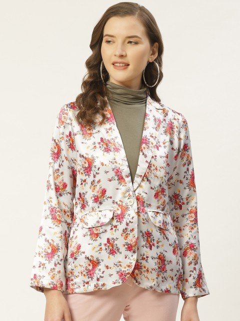 

JAINISH Women Grey & Pink Floral Print Single-Breasted Casual Blazer With Satin Finish