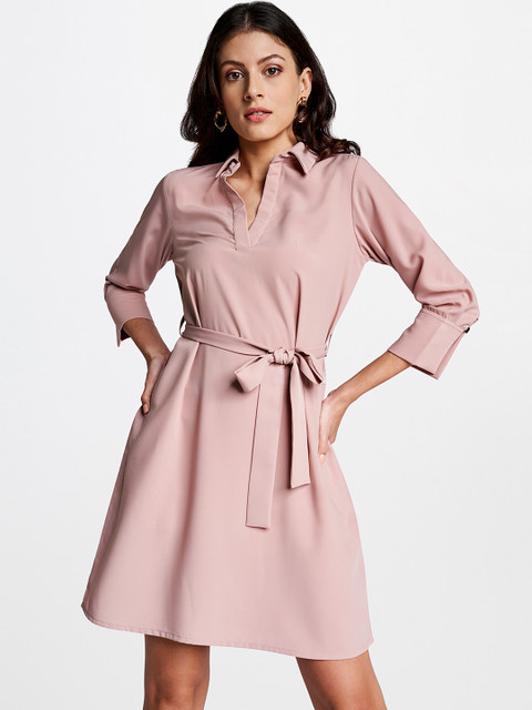 

AND Pink Solid Waist Tie-Up Shirt Dress