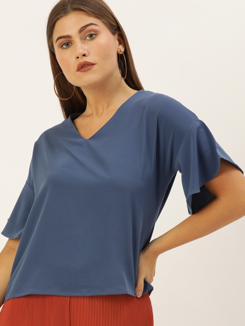 

AND Women Blue Solid Flared Sleeves Regular Top