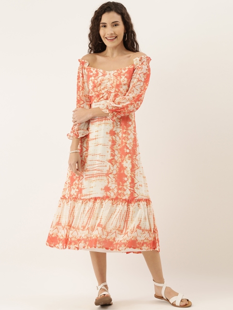 

AND Women Orange Printed Off-Shoulder A-Line Dress