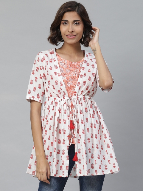

Vasudha Women White and Peach Block Printed Pure Cotton Layered A-line Kurti