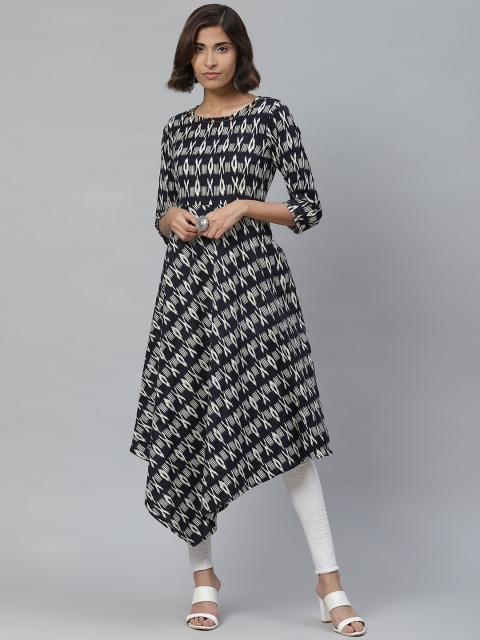 

Vasudha Women Black & Off-White Ikat Print A-Line Kurta with Handwork Detail