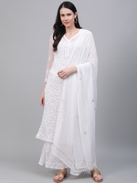 

Saadgi Women White Handloom Chikankari Embroidered Kurta with Palazzos & Dupatta