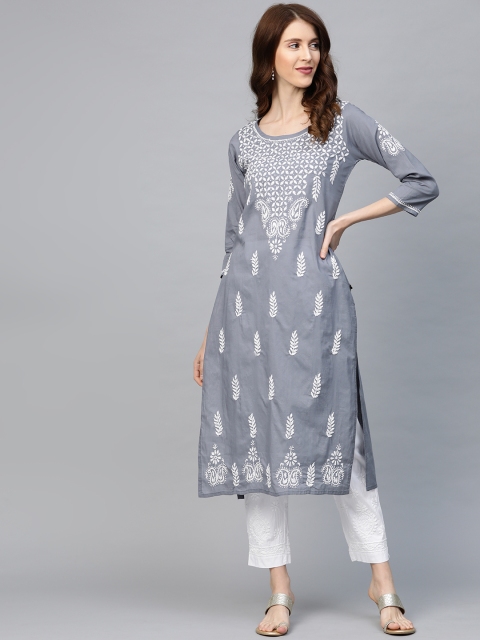 

Saadgi Women Grey & White Chikankari Embroidered Kurta with Trousers