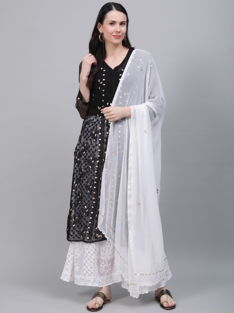 

Saadgi Women Black & White Handloom Chikankari Embroidered Kurta with Palazzos & Dupatta