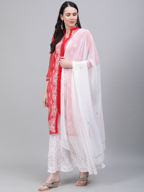 

Saadgi Women Red & White Handloom Chikankari Embroidered Kurta with Palazzos & Dupatta