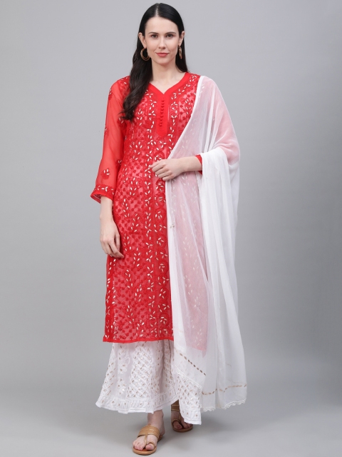 

Saadgi Women Red & White Handloom Chikankari Embroidered Kurta with Palazzos & Dupatta